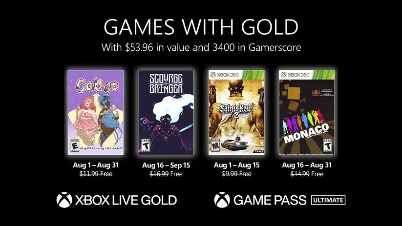 Xbox Games With Gold annoncé pour août 2022