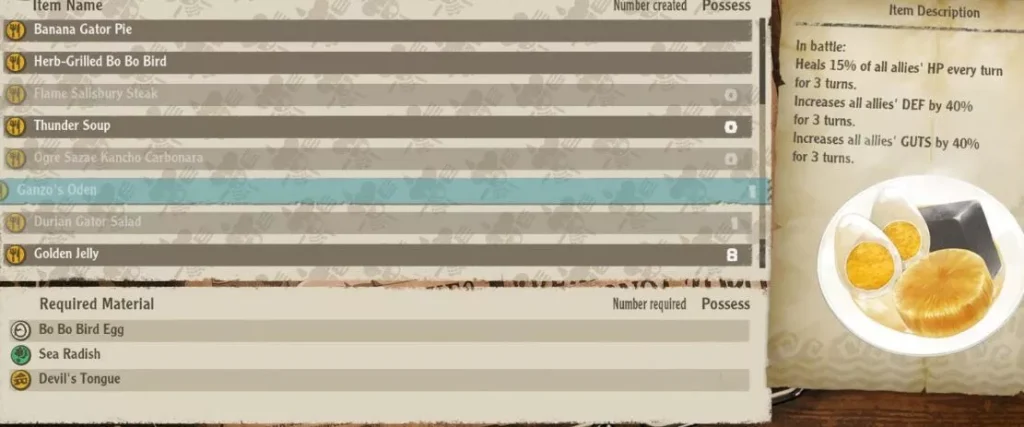 One Piece Odyssey : Tous les repas et cuisine