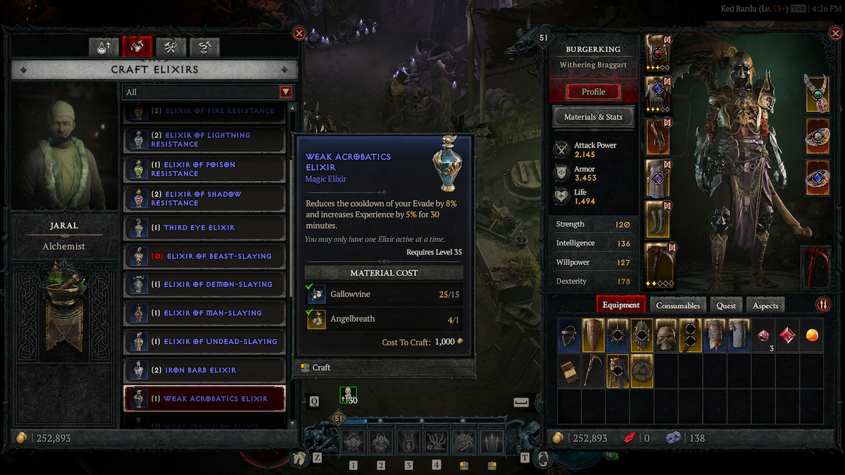 Les moyens les plus rapides pour atteindre le niveau 50 - Diablo 4 4 Joueur dans le menu Elixir