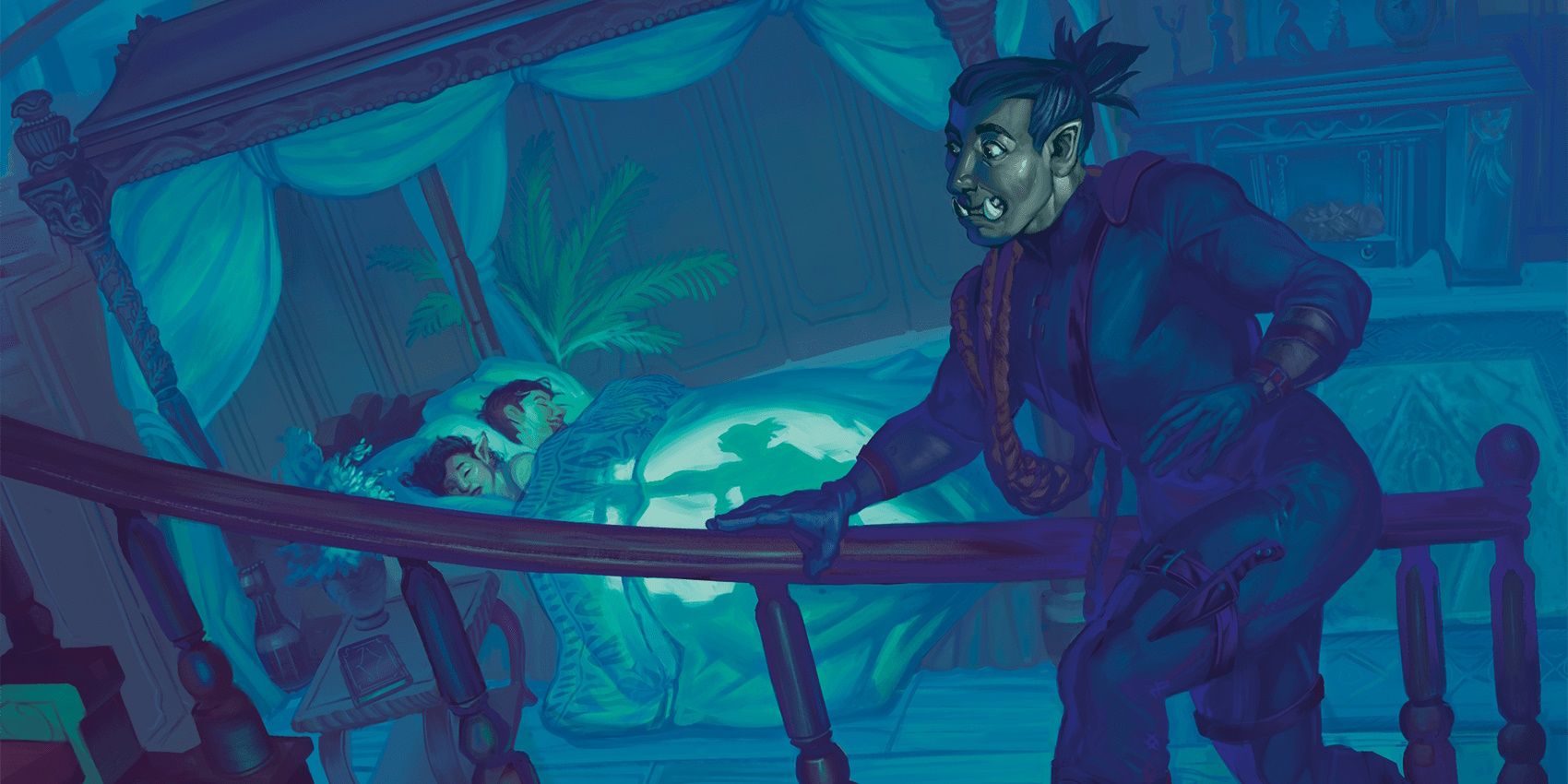 10 Builds de personnages de D&D à essayer si vous détestez utiliser la magie 8 Un voleur à moitié orque se faufile à l'étage devant un couple endormi dans son lit.