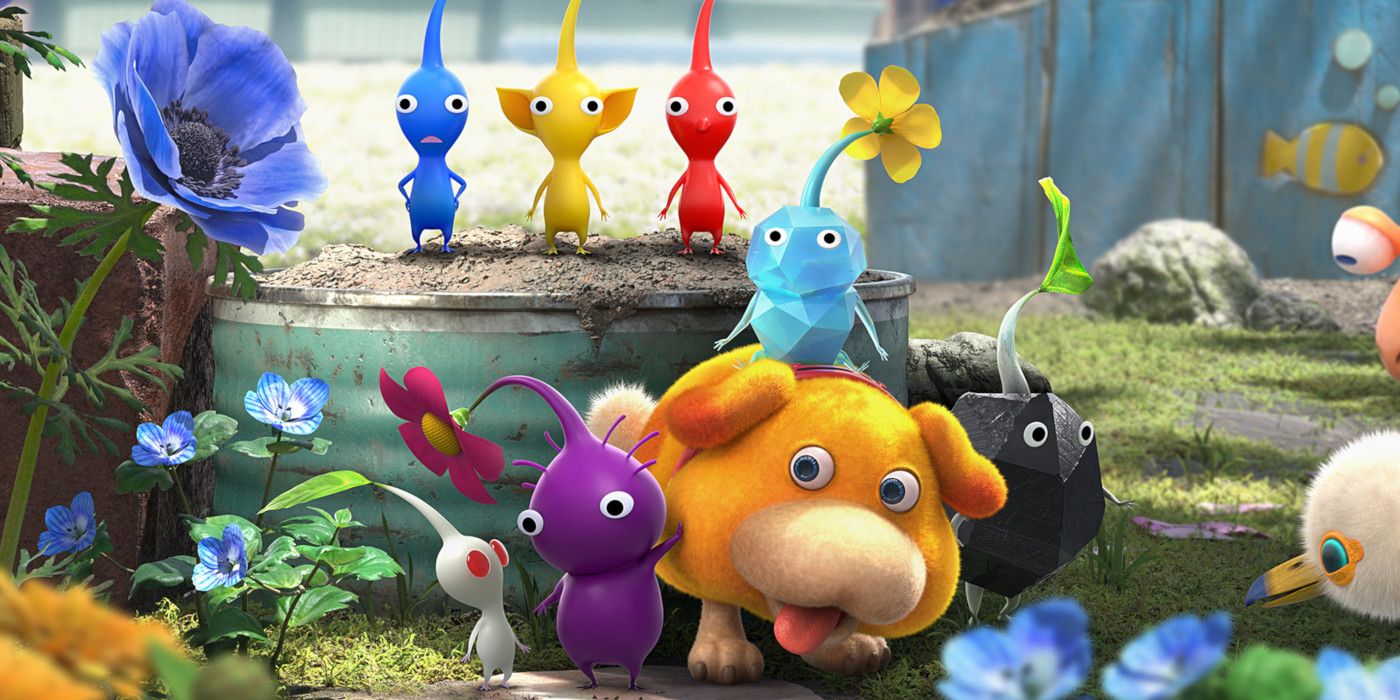 Tous les types de Pikmin de Pikmin 4 posant avec Oatchi, à l'exception de Winged Pikmin hors écran.