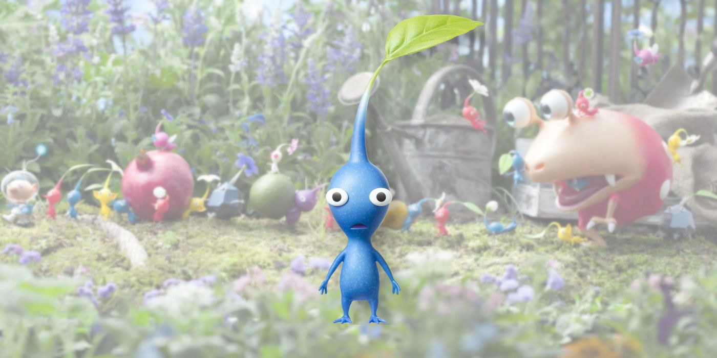 Un Pikmin bleu de la série Pikmin sur fond Pikmin.