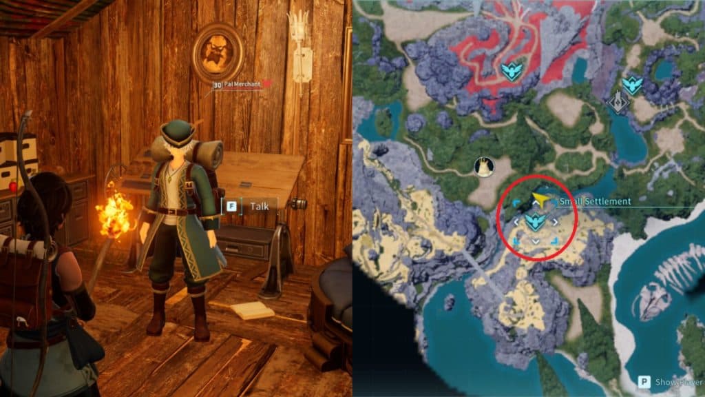 Palworld : Comment vendre des Pals 1 Une capture d'écran montrant l'emplacement de Pal Merchant dans Palworld.
