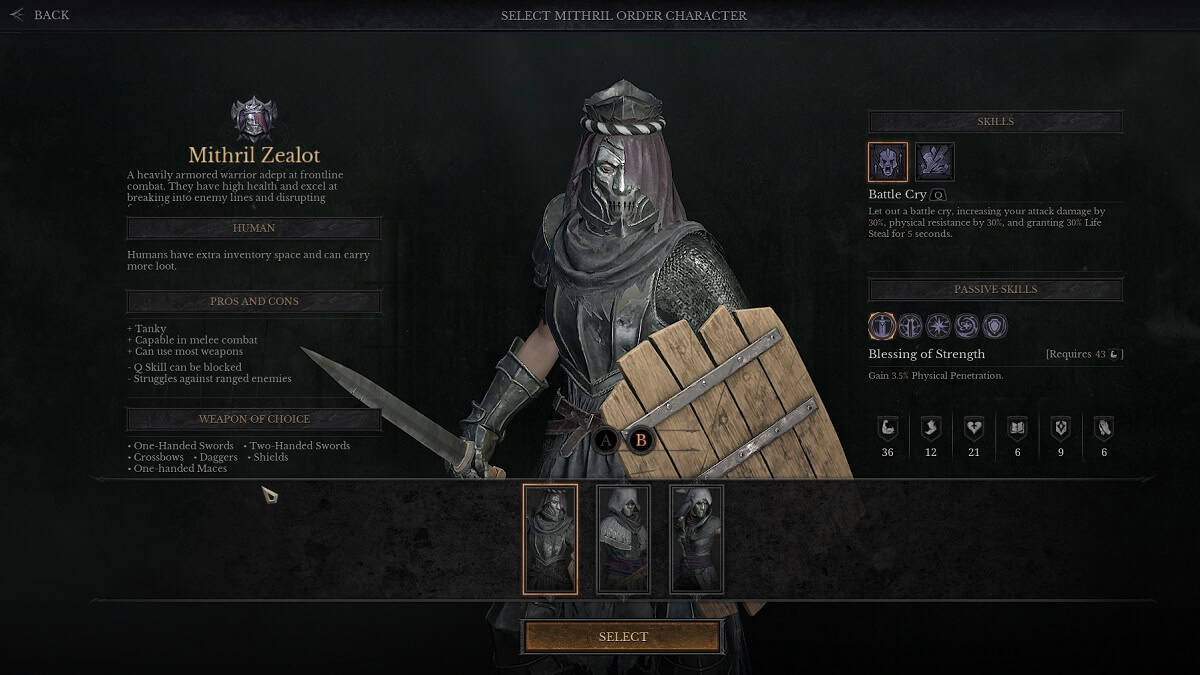 choisir une classe pour l'ordre de mithril dans dungeonborne